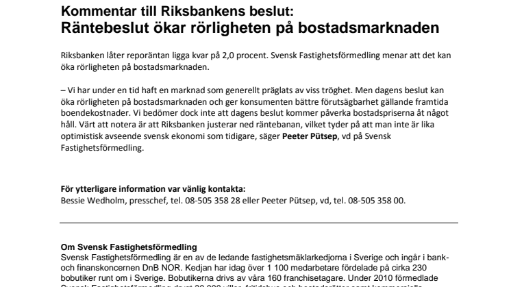 Kommentar till Riksbankens beslut: Räntebeslut ökar rörligheten på bostadsmarknaden 