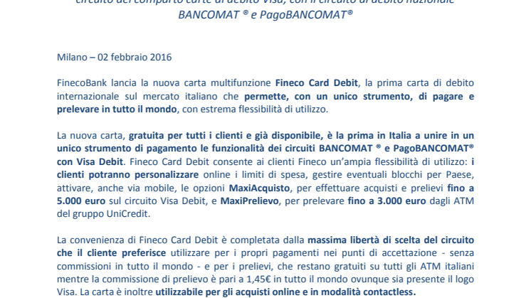 Arriva la nuova Fineco Card Debit