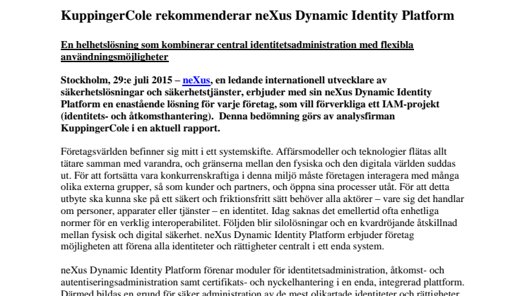 KuppingerCole rekommenderar neXus Dynamic Identity Platform