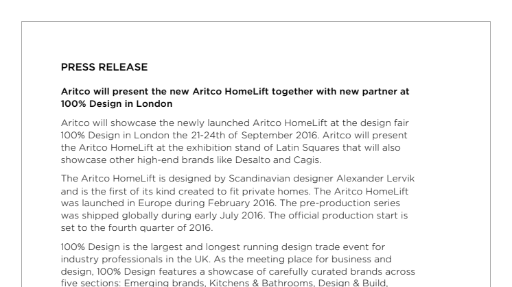 Aritco will present the new Aritco HomeLift together with new partner at 100% Design in London 