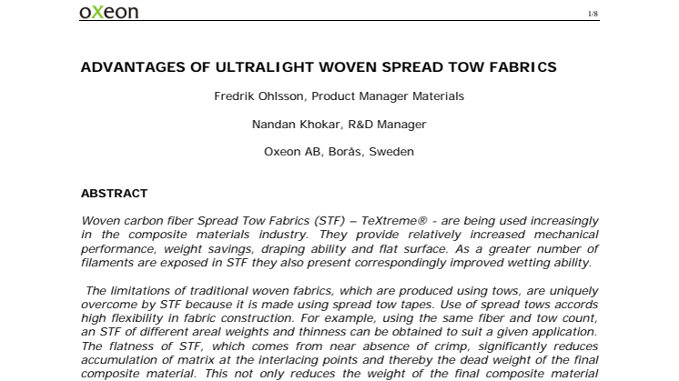 Paper: Advantages of Ultra Light Woven Spread Tow Fabrics