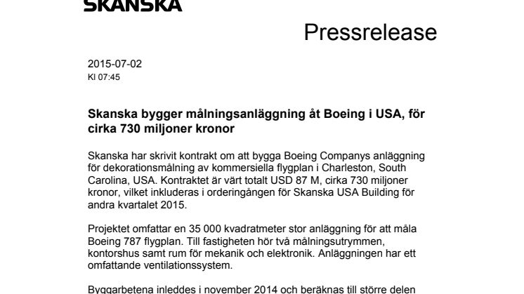 Skanska bygger målningsanläggning åt Boeing i USA, för cirka 730 miljoner kronor