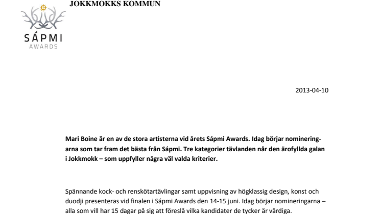Idag börjar nomineringarna till Sápmi Awards 