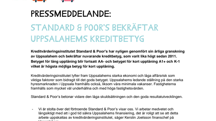 Standard and Poor's bekräftar Uppsalahems kreditbetyg