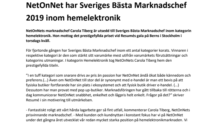 NetOnNet har Sveriges Bästa Marknadschef 2019 inom hemelektronik