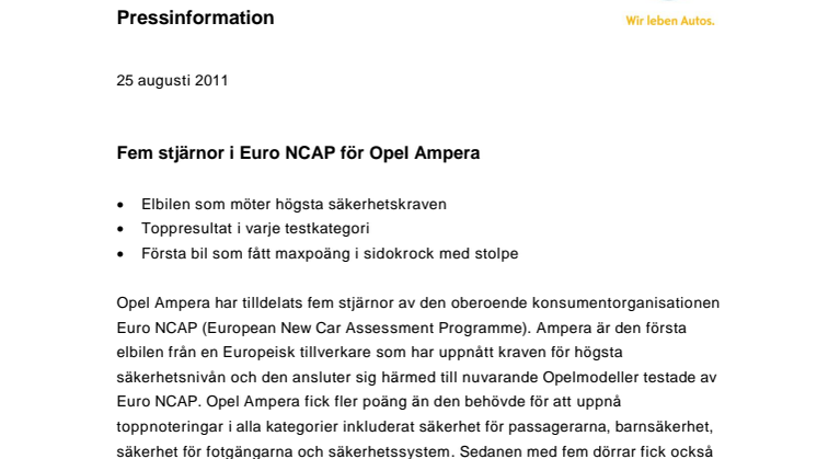 Fem stjärnor i Euro NCAP för Opel Ampera