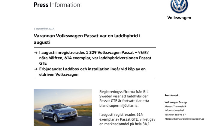 Varannan Volkswagen Passat var en laddhybrid i augusti