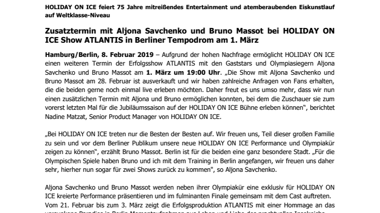 Zusatztermin mit Aljona Savchenko und Bruno Massot bei HOLIDAY ON ICE Show ATLANTIS in Berliner Tempodrom am 1. März