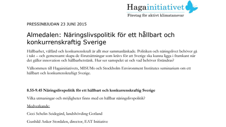 Almedalen: Näringslivspolitik för ett hållbart och konkurrenskraftig Sverige