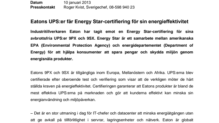 Eatons UPS:er får Energy Star-certifiering för sin energieffektivitet