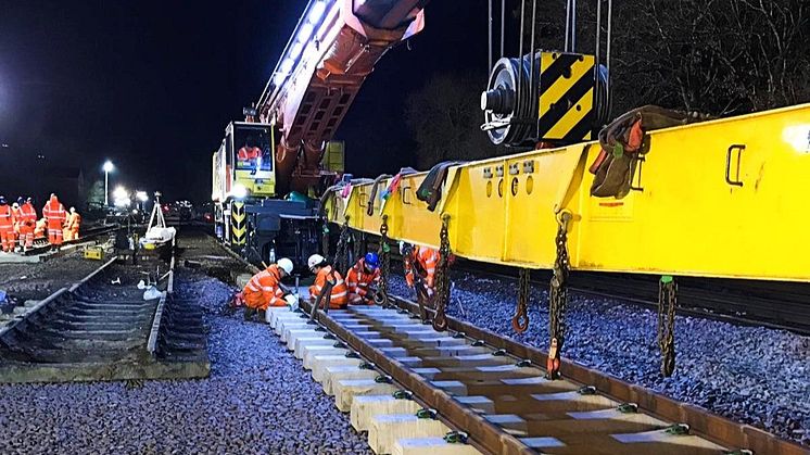 Network Rail engineers positioning section of railway track