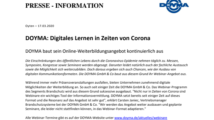 DOYMA-Pressemitteilung: Digitales Lernen in Zeiten von Corona