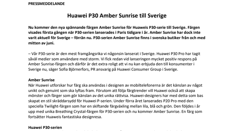 Huawei P30 Amber Sunrise till Sverige 