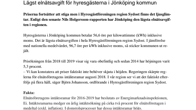 ​Lägst elnätsavgift för hyresgästerna i Jönköping 