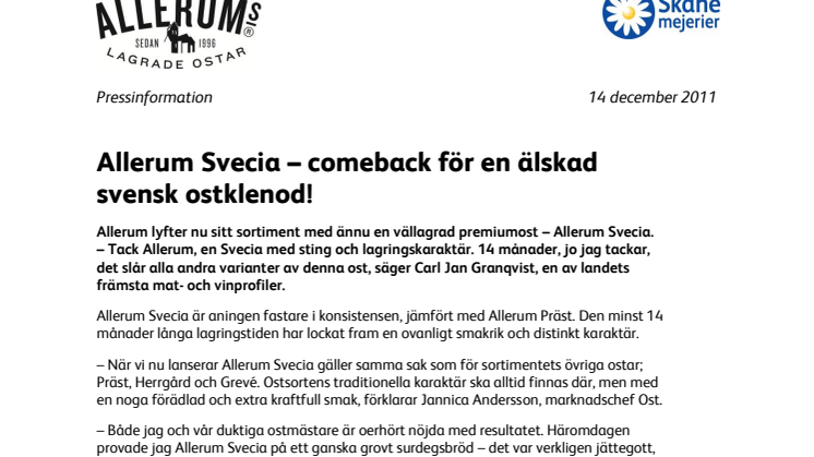 Allerum Svecia – comeback för en älskad svensk ostklenod!