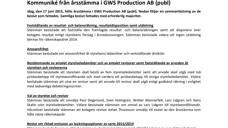 Kommuniké från årsstämma i GWS Production AB (publ)