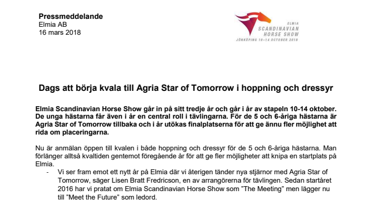 Dags att börja kvala till Agria Star of Tomorrow i hoppning och dressyr