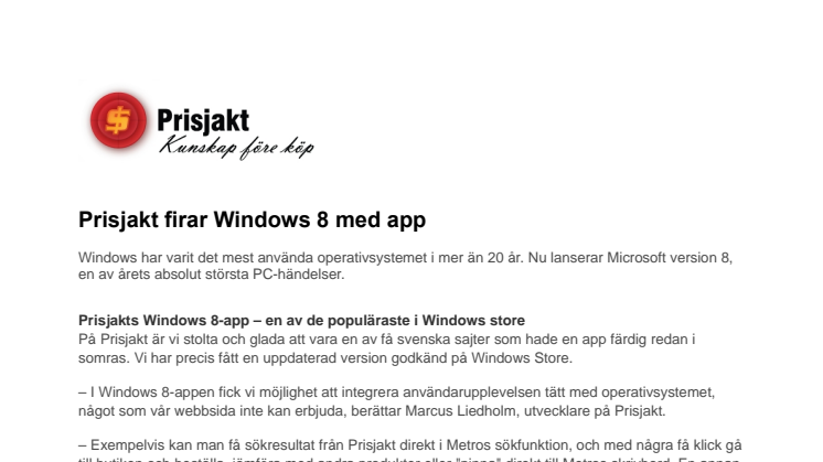 Prisjakt firar Windows 8 med app