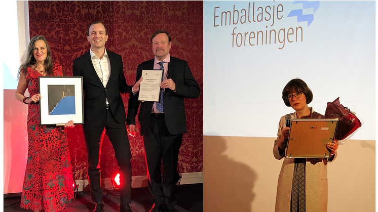 Jaana Røine og Thomas Eie fra Emballasjeforeningen delte ut Optimeringsprisen til Brage Kjeldby i Orkla Foods Norge. Til høyre takker bærekraftsansvarlig i Orkla, Ellen Behrens, for den ferske "Ellen-prisen". (Foto: Emballasjeforeningen).