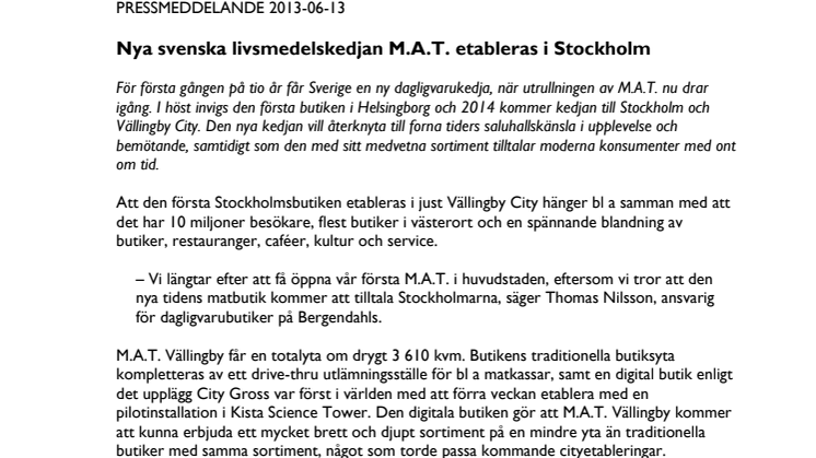 Nya svenska livsmedelskedjan M.A.T. etableras i Stockholm