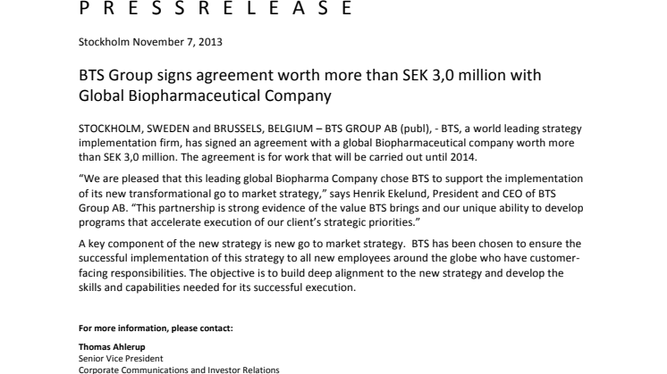 BTS Group signs agreement worth more than SEK 3,0 million with Global Biopharmaceutical Company
