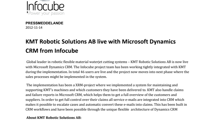 KMT Robotic Solutions AB live with Microsoft Dynamics CRM from Infocube