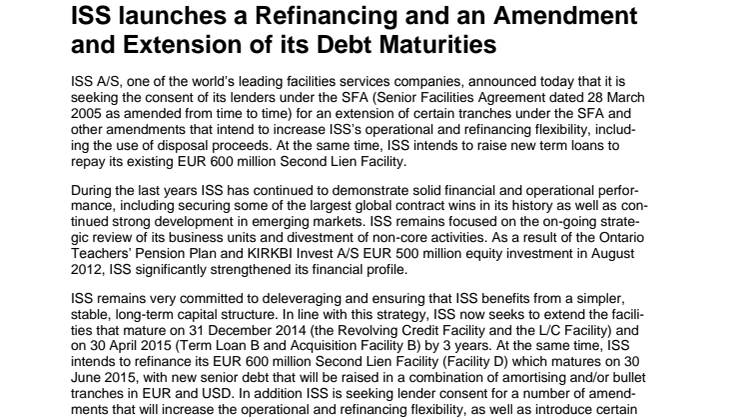 ISS launches a Refinancing and an Amendment and Extension of its Debt Maturities