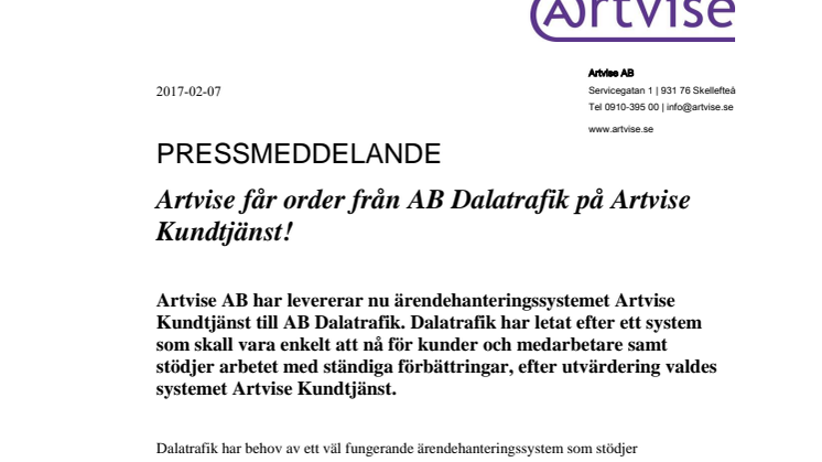 Artvise får order från AB Dalatrafik på Artvise Kundtjänst!