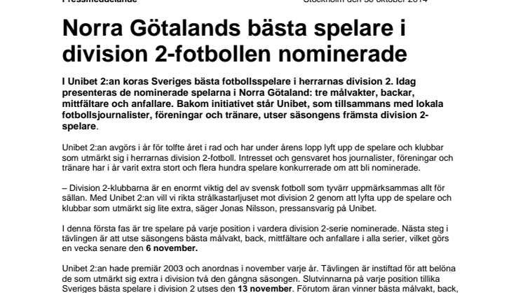 Norra Götalands bästa spelare i division 2-fotbollen nominerade