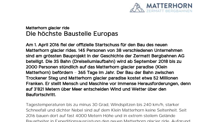 Pressemitteilung Kleinmatterhorn: Die höchste Baustelle Europas