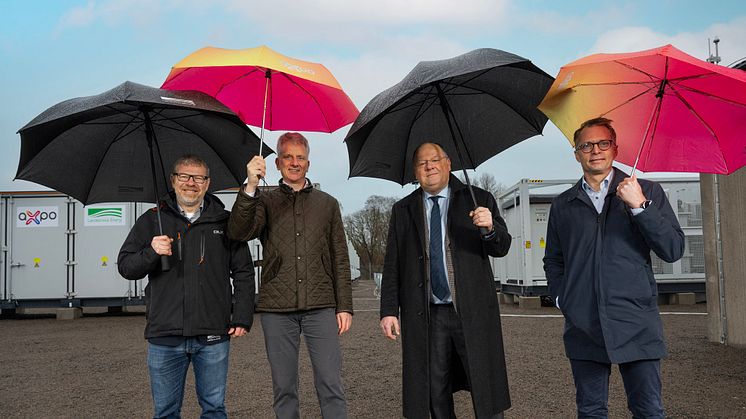 Johan Holmstedt, VD Landskrona Energi; Frank Amend, Axpo Group, Head of Batteries & Hybrid Systems; Torkild Strandberg, kommunstyrelsens ordförande Landskrona stad; Håkon Røhne, Managing Director Axpo Nordic