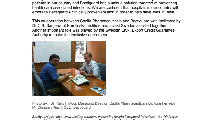 Swedish Bactiguard to enter into an exclusive distribution agreement with Cadila Pharmaceuticals