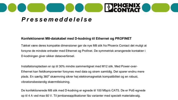 Konfektioneret M8-datakabel med D-kodning til Ethernet og PROFINET