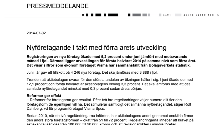 Nyföretagande i takt med förra årets utveckling