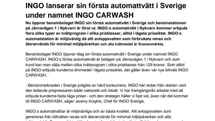 INGO lanserar sin första automattvätt i Sverige under namnet INGO CARWASH