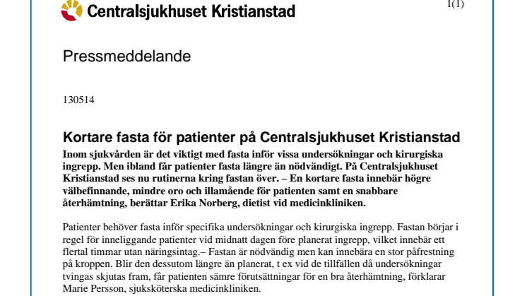 Kortare fasta för patienter på Centralsjukhuset Kristianstad