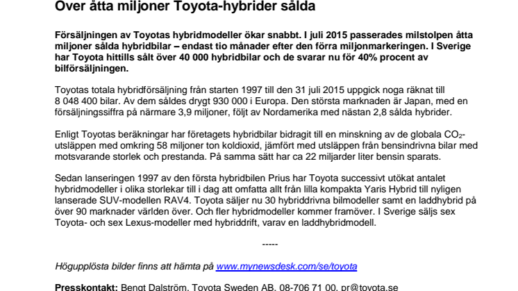 Över åtta miljoner Toyota-hybrider sålda