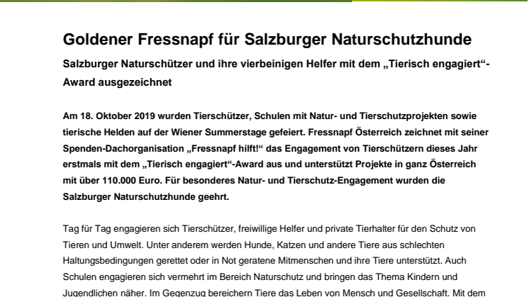 Goldener Fressnapf für Salzburger Naturschutzhunde