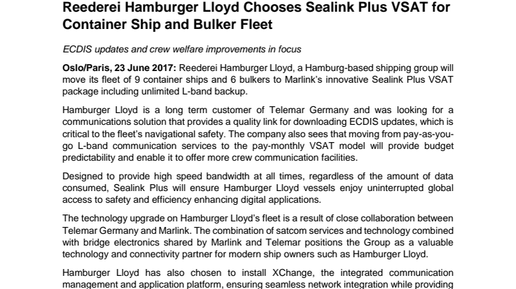 Marlink: Reederei Hamburger Lloyd Chooses Sealink Plus VSAT for Container Ship and Bulker Fleet 