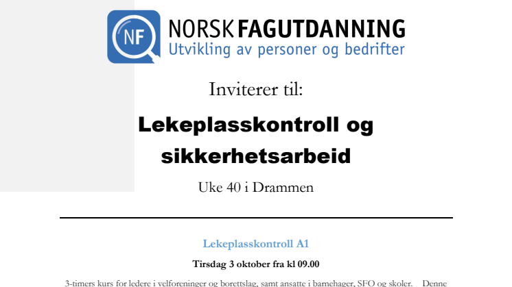 Invitasjon til lekeplasskontrollkurs i Drammen med oppstart den 3 oktober 2017