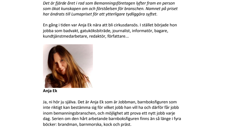 Anja Ek vinner Bemanningsföretagens Luma-pris 2014