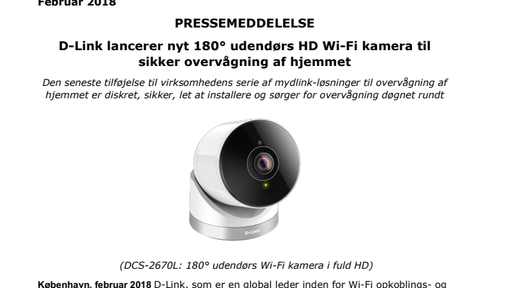 D-Link lancerer nyt 180° udendørs HD Wi-Fi kamera til sikker overvågning af hjemmet