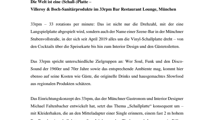  Die Welt ist eine (Schall-)Platte – Villeroy & Boch-Sanitärprodukte im 33rpm Bar Restaurant Lounge, München
