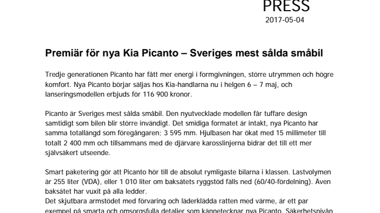 Premiär för nya Kia Picanto – Sveriges mest sålda småbil
