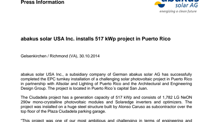 abakus solar USA Inc. installs 517 kWp project in Puerto Rico