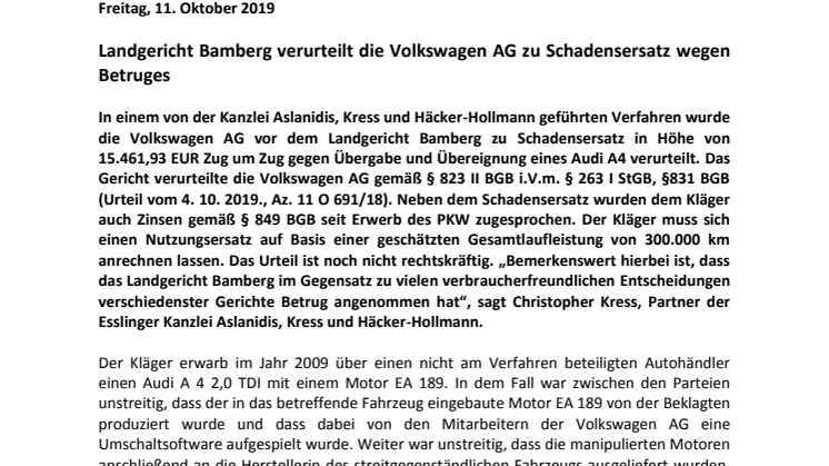 Landgericht Bamberg verurteilt die Volkswagen AG zu Schadensersatz wegen Betruges