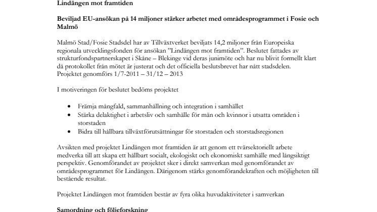 Fosie får 14 miljoner för arbete på Lindängen