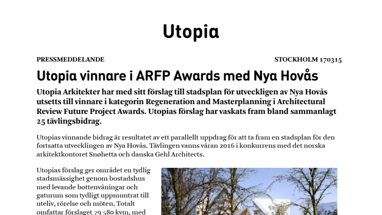 Utopia vinnare i Architectural Review Future Projects Awards med Nya Hovås