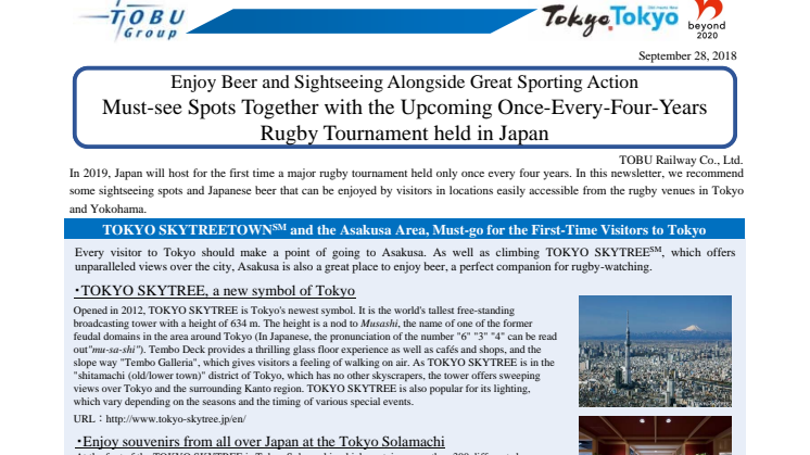 Enjoy Beer and Sightseeing Alongside Great Sporting Action. Must-see Spots Together with the Upcoming Once-Every-Four-Years Rugby Tournament held in Japan.