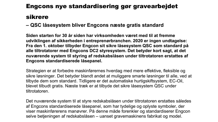 Engcons nye standardisering gør gravearbejdet sikrere  – QSC låsesystem bliver Engcons næste gratis standard 